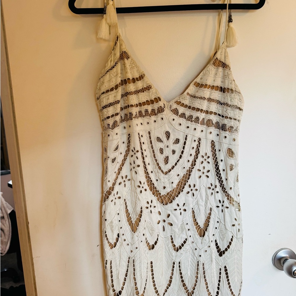 Free People PYT cream lace tassel tie boho festival Cream and Brown Mini Dress - Picture 7 of 11